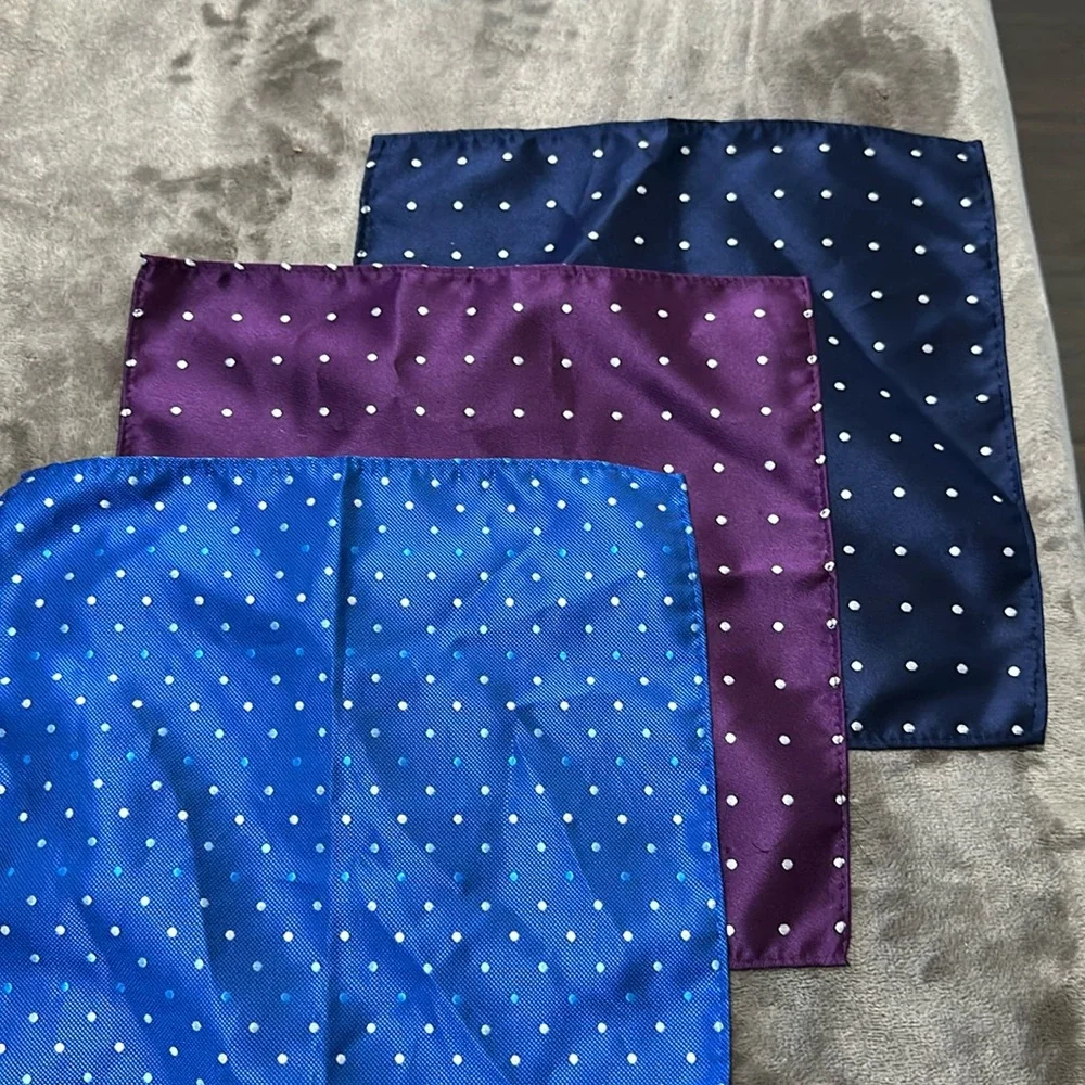 Three Men’s Pocket Square. Navy Blue, Cobalt Blue, and Purple. With Polka Dots. - Picture 1 of 5